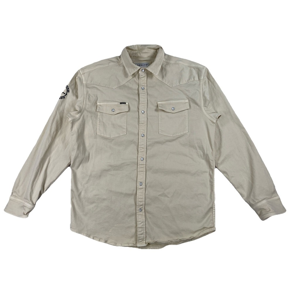 Poncho Outdoors Pearl Snap Shirt Men's Medium Regular Fit Beige CORP LOGO